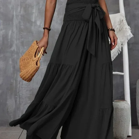 Shirred Waist Tie Front Ruffle Hem Wide Leg Pants black
